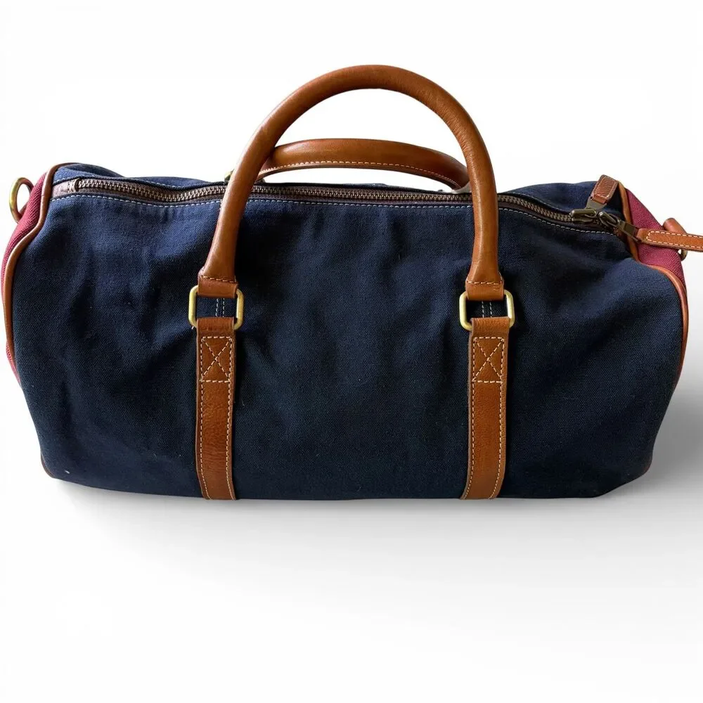 New F.H. Wadsworth NYC Brown Leather Trim Zip Duffle Bag Blue Red Fabric Luggage